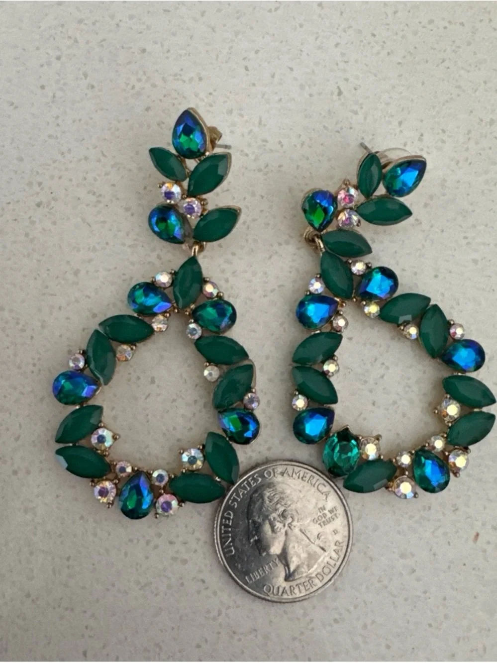 Emerald & Teal Crystal Teardrop Dangle Earrings